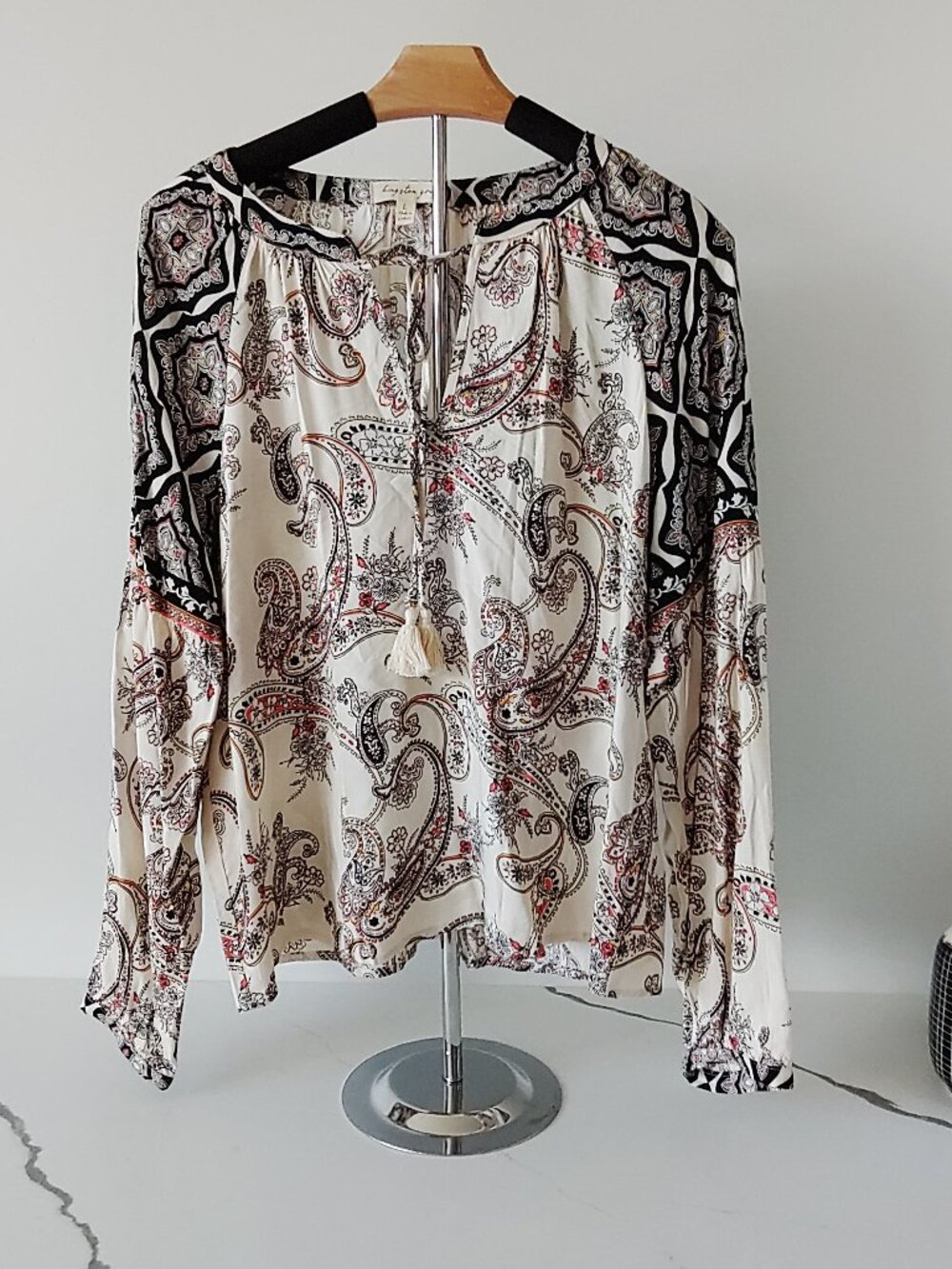 Kingston Grey Blouse Boho Peasant Ivory Black Red Paisley Long Sleeve Tie L